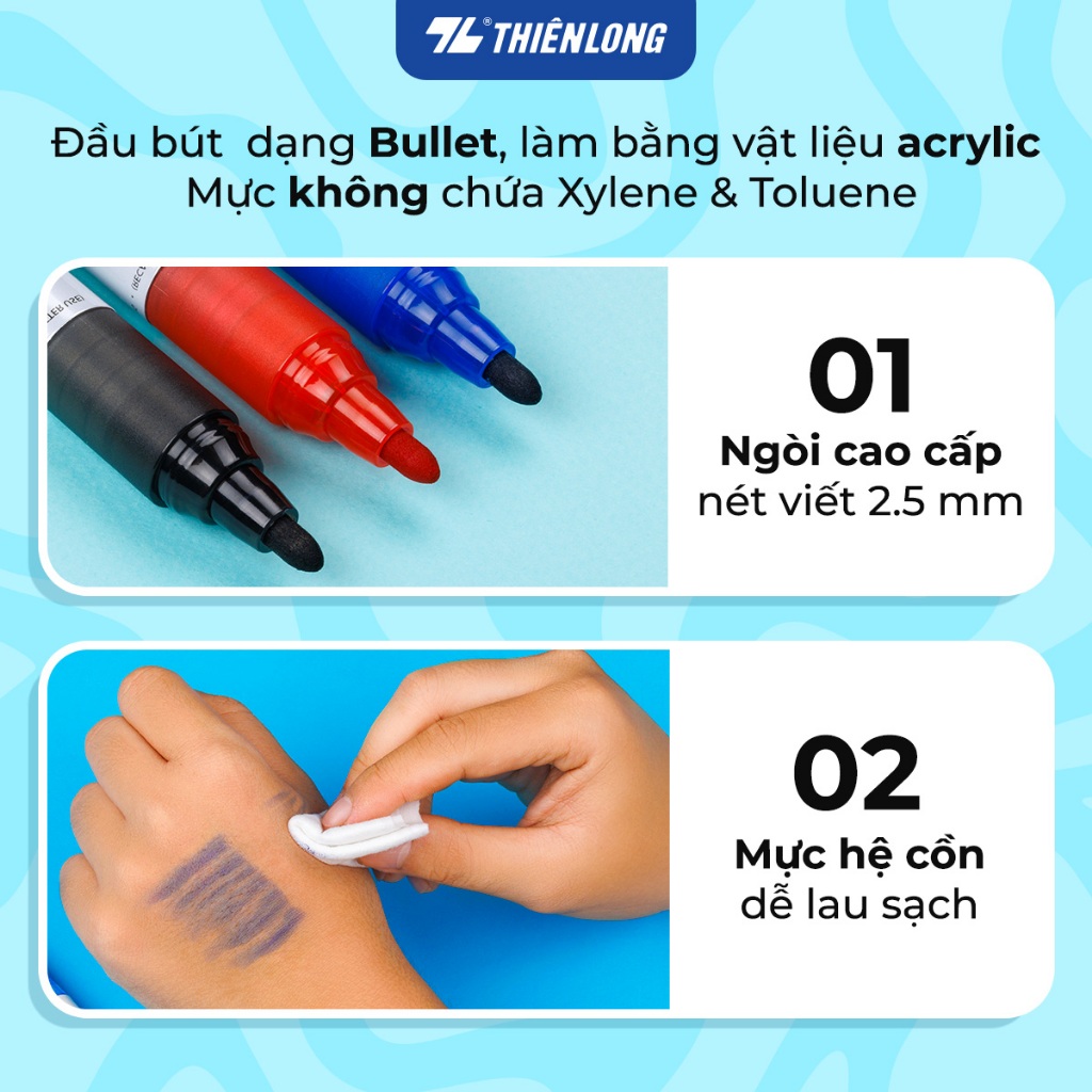 Hộp 12 Bút lông bảng Thiên Long WB-022 - Whiteboard Marker Liquid - đầu 2.5 mm, chống lăn, dễ xóa
