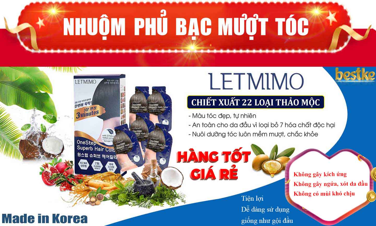 Thuốc Nhuộm Tóc LETMIMO màu nâu đen_2N, nhập khẩu hàn quốc, Hộp 5 gói, mỗi gói 24g