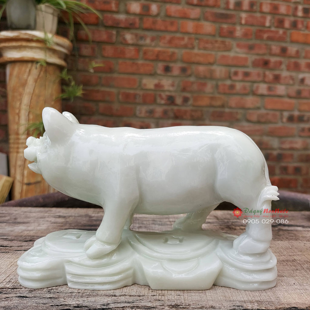 Tượng heo 12 con giáp phong thủy đá trắng xanh 15cm đá Non Nước