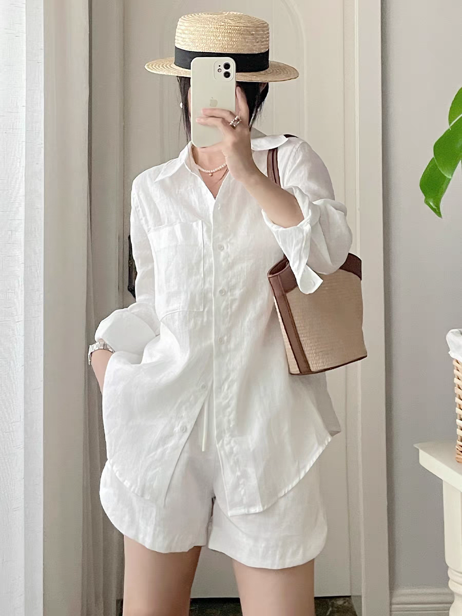 Set áo sơ mi + quần short nữ chất liệu linen mềm mịn thoáng mát Bv05