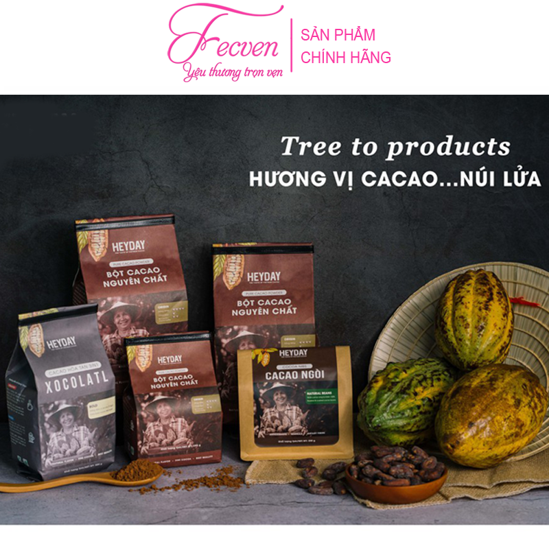 Bột Cacao Nguyên Chất Heyday Origin - Nguyên Chất 100%, Không Đường - Vị Cân Bằng, Đắng Đậm, Béo Dịu, Thơm Nồng - Dòng Thượng Hạng Dùng Để Uống, Pha Chế, Làm Bánh - FECVEN