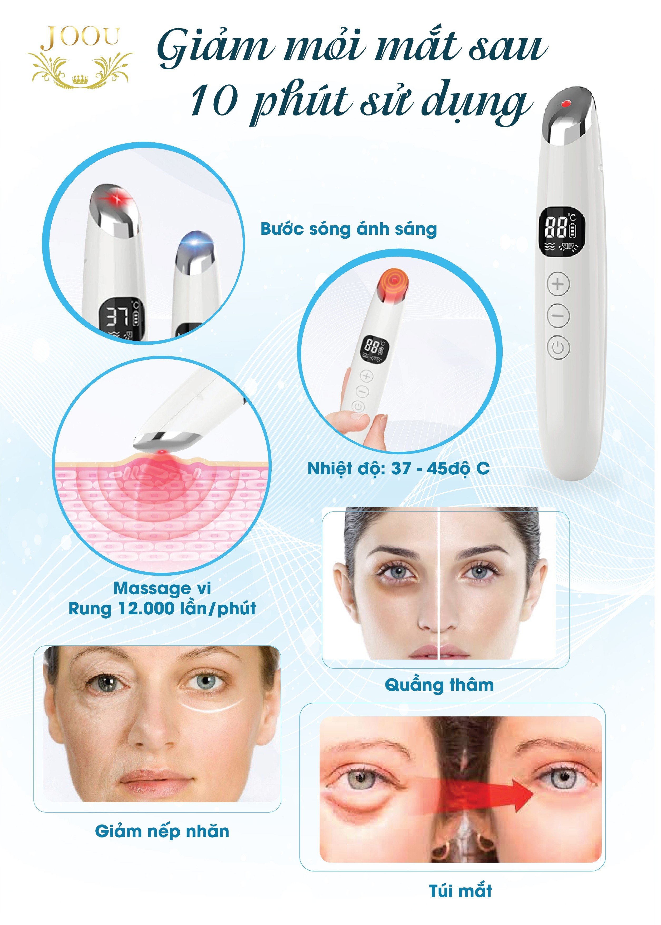 Máy Massage Mắt JOOU XE-19 - Công nghệ Nhật Bản, 5 chế độ Massage, Công nghệ Ánh sáng Xanh/ Đỏ giảm nếp nhăn, bọng mắt, quầng thâm