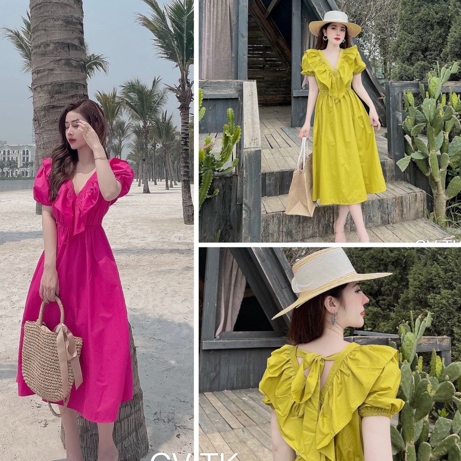 Đầm maxi đi biển cổ tim bèo ngực dáng dài buộc dây hở lưng chun eo hai màu - Váy maxi dạo biển chất thô sang chảnh