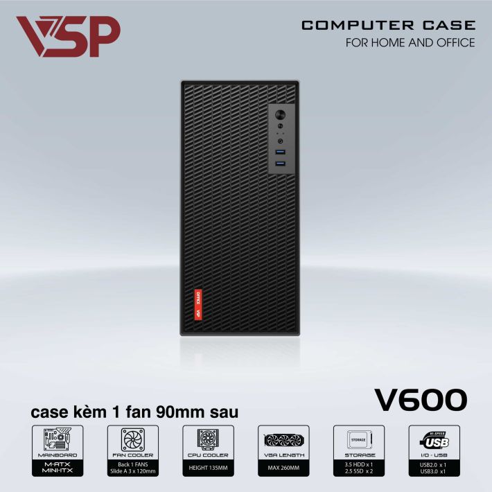 VỎ CASE VĂN PHÒNG V600 - VỎ CASE MÁY TÍNH ( USB 3.0, SPCC 0.8MM, KÈM 1 FAN 9CM )- ĐEN - JL - HÀNG CHÍNH HÃNG