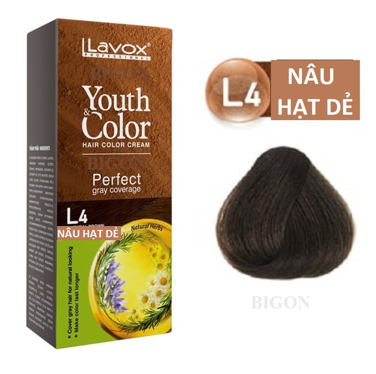 Nâu Hạt Dẻ #L4 Kem Nhuộm Dưỡng Tóc Phủ Bạc Lavox Youth&Color L4