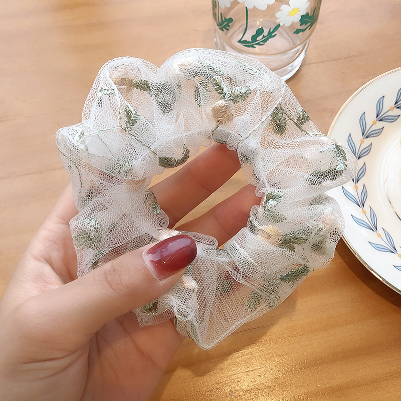 Dây buộc tóc scrunchies thêu hoa nhí dễ thương