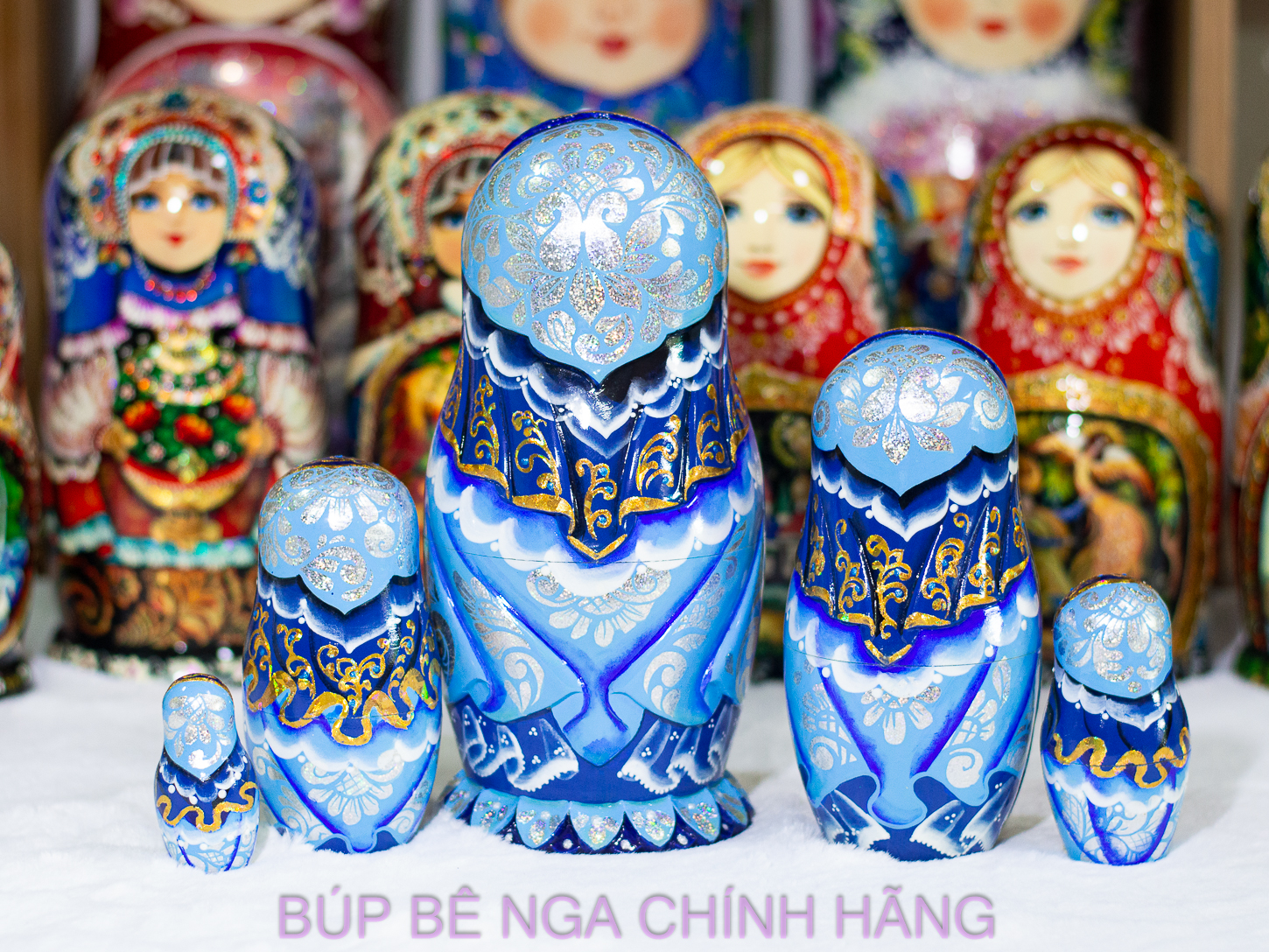 BỘ BÚP BÊ NGA MATRYOSHKA CAO CẤP 5 LỚP 20CM ĐIÊU KHẮC CHẠM NỔI HOA VĂN &quot;CÔNG CHÚA MÙA ĐÔNG&quot; MÀU XANH CỰC ĐẸP VÀ SANG TRỌNG