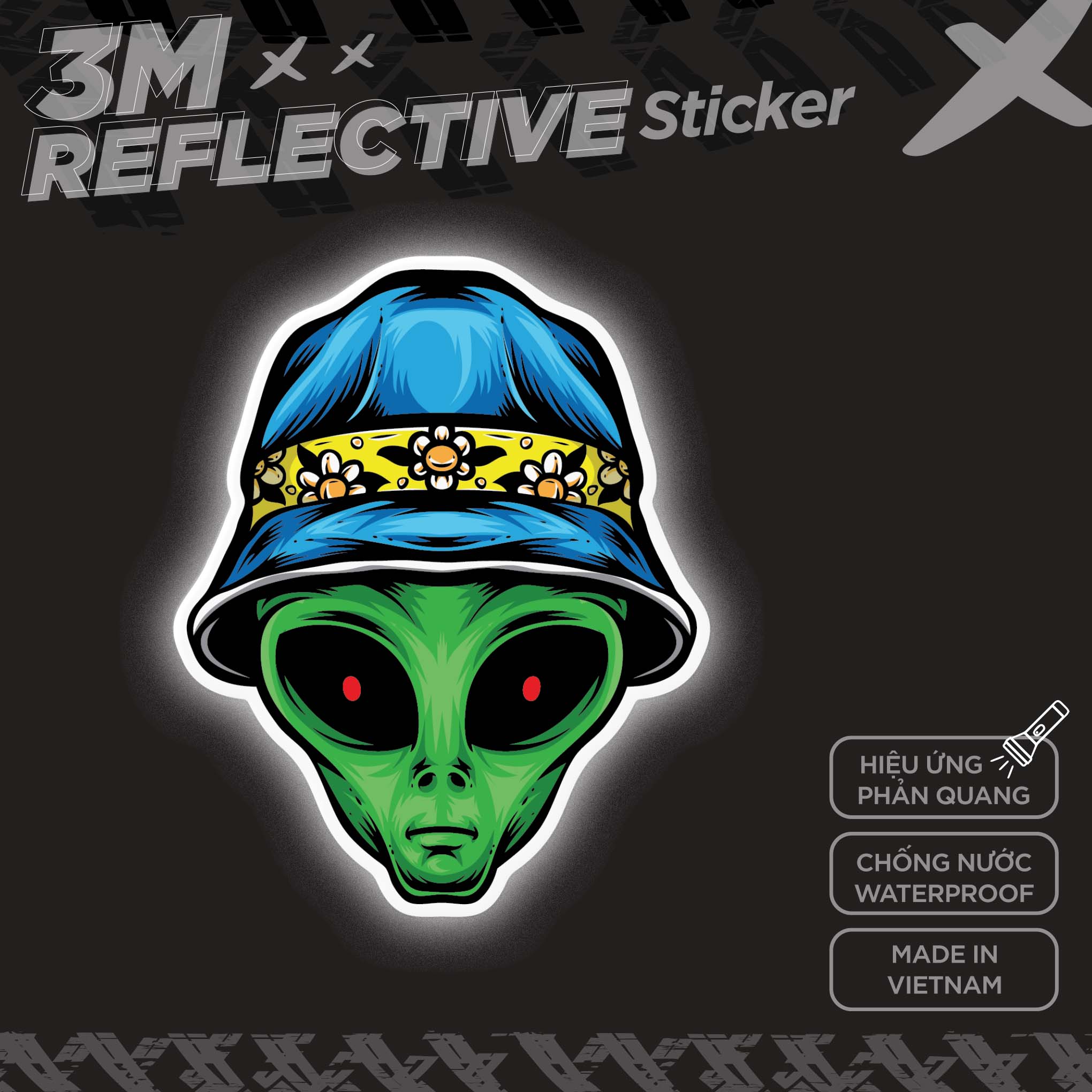 ALIEN WITH BUCKET HAT 3M - Reflective Sticker Die-cut Hình phản quang thương hiệu STICKER FACTORY