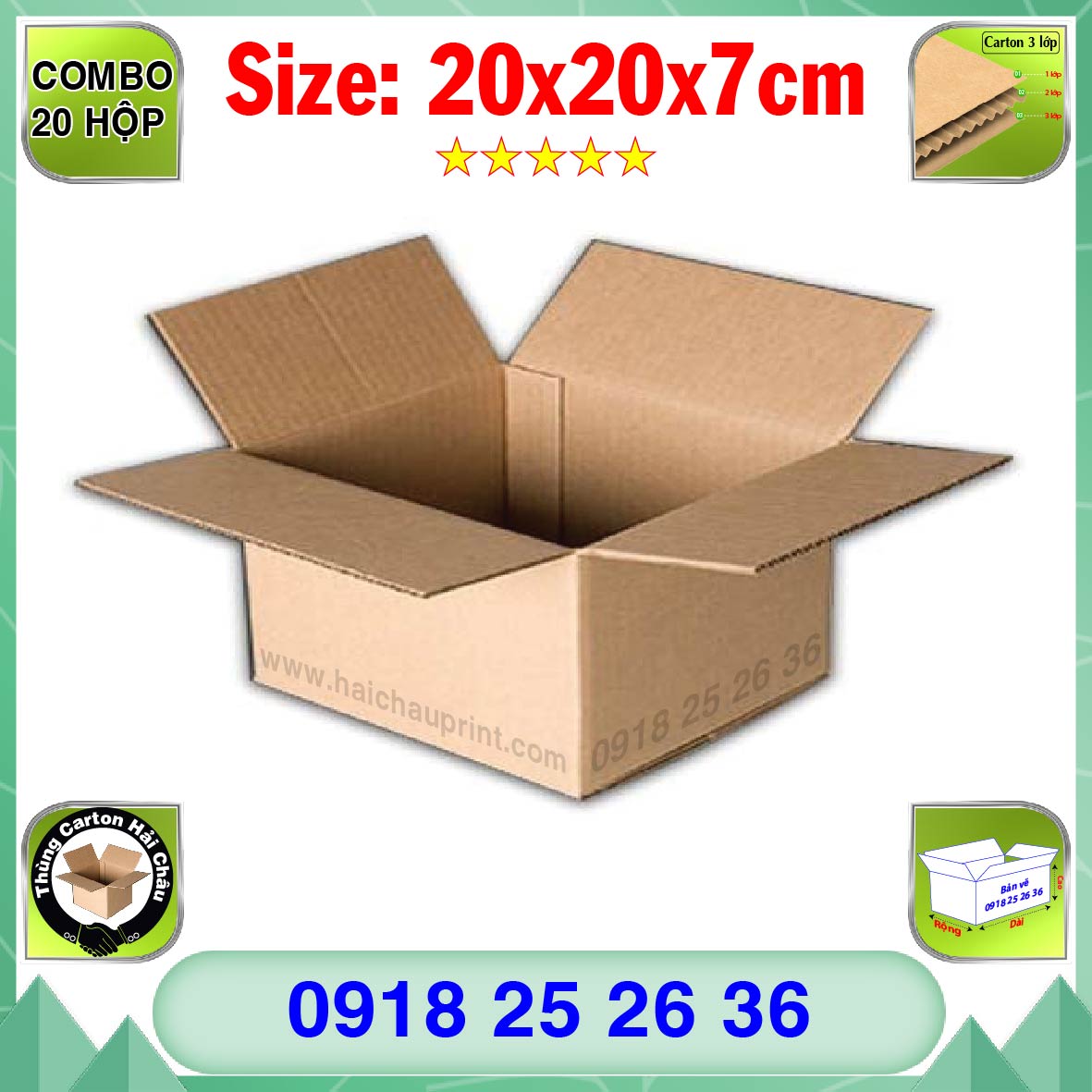 20 Hộp Carton, KT: 20x20x7cm, Hộp carton, Thùng carton, Hộp đóng hàng, Thùng đóng hàng, Hộp carton 3 lớp...