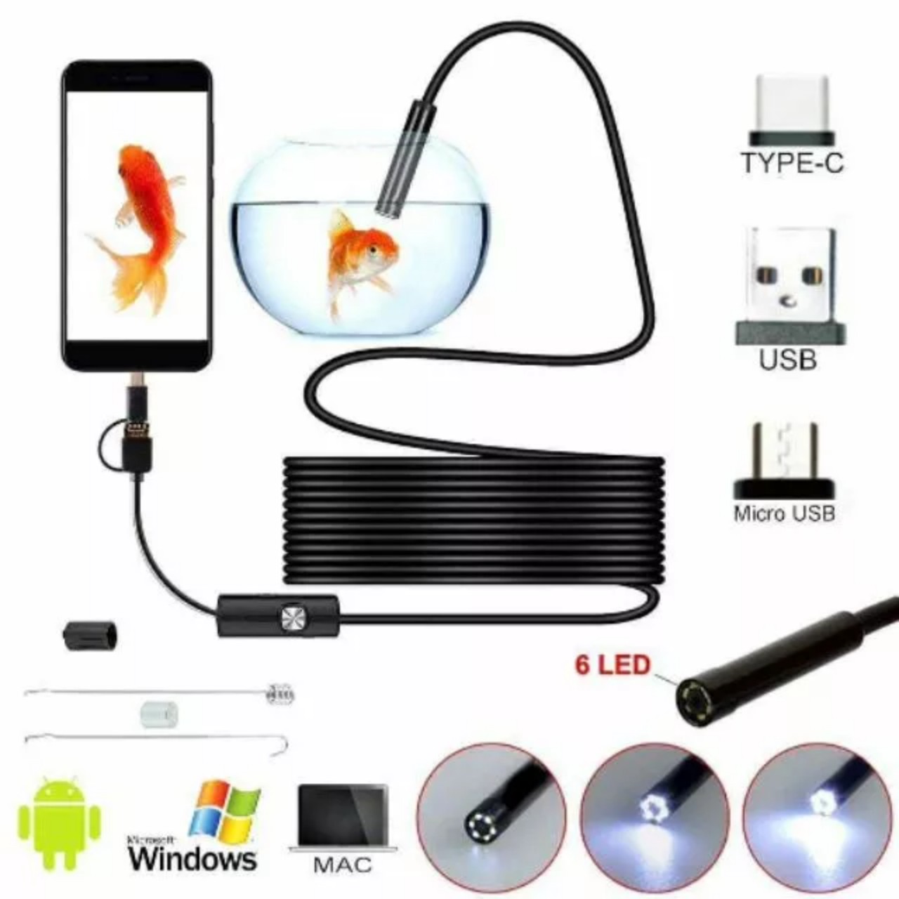 Camera nội soi 6 led cắm điện thoại 3in1 đa năng dài 2m hàng cao cấp siêu nét