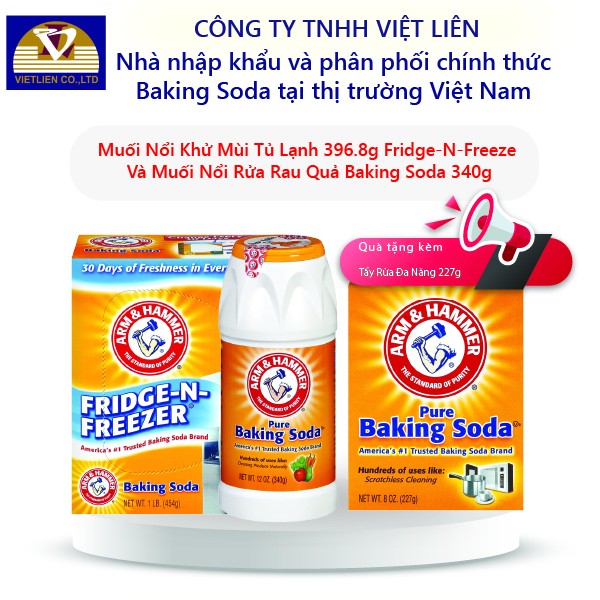 Combo 2 Baking Soda: Muối Nổi Rửa Rau Quả 340g, Muối Nổi Tẩy Rửa Đa Năng 227g tặng Khửi mùi tủ lạnh 396.8g