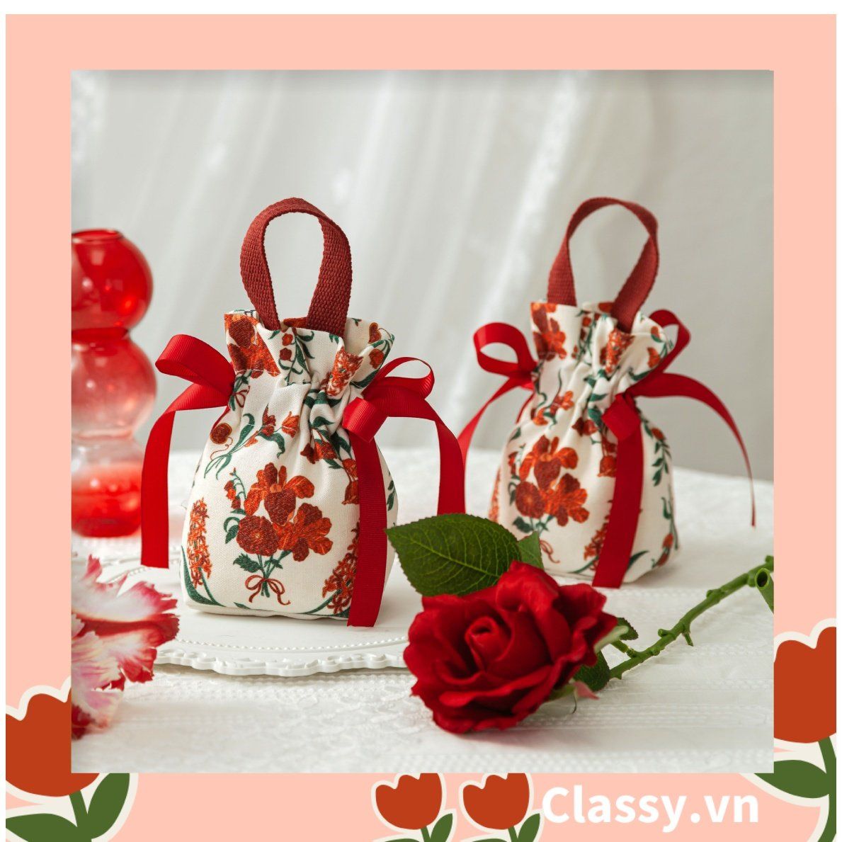 Túi vải dây rút kèm lớp voan lụa, đính hạt xinh xắn dùng đựng quà tặng NOEL, lễ tết, đám cưới T1822