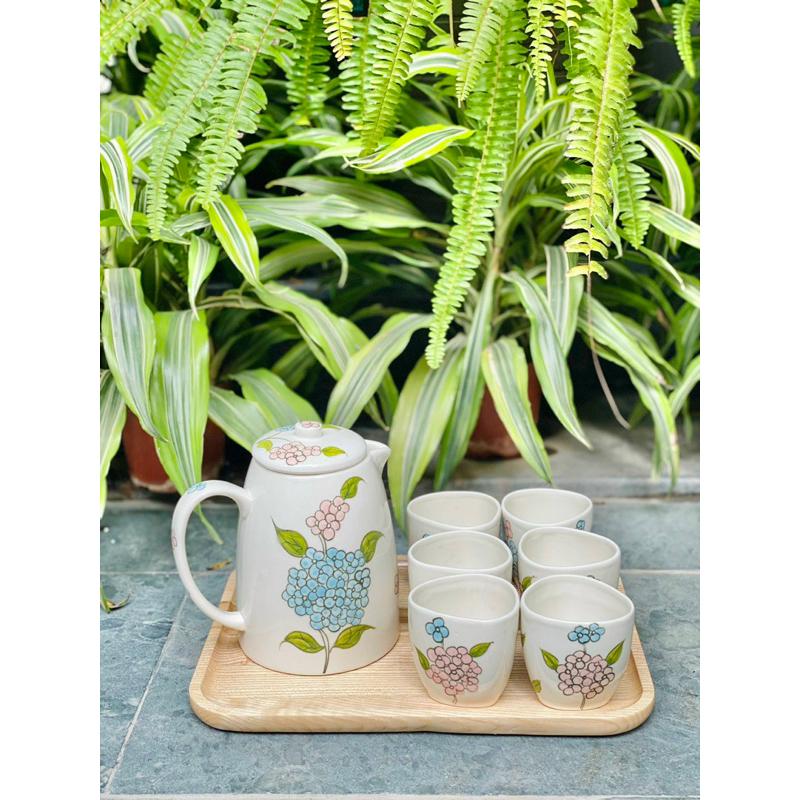 Bộ bình nước bình trà gốm Bát tràng hoạ tiết dễ thương hình hoa, dưa hấu - Bình 1 lít + cốc 180ml - Gốm sứ Bát tràng