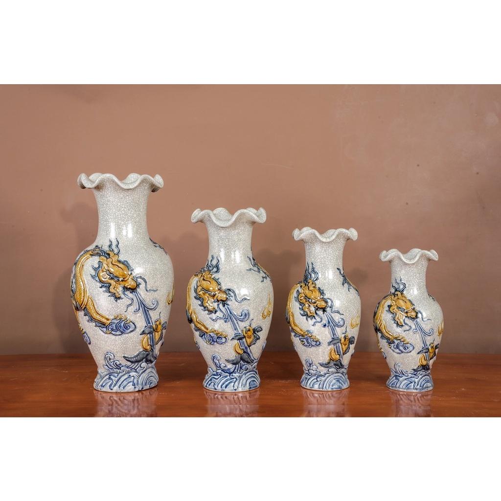 Bộ đồ cúng - Lọ hoa cổ lượn sóng 24 - Men rạn đắp nổi - Gốm sứ Bát Tràng - Làng Gốm