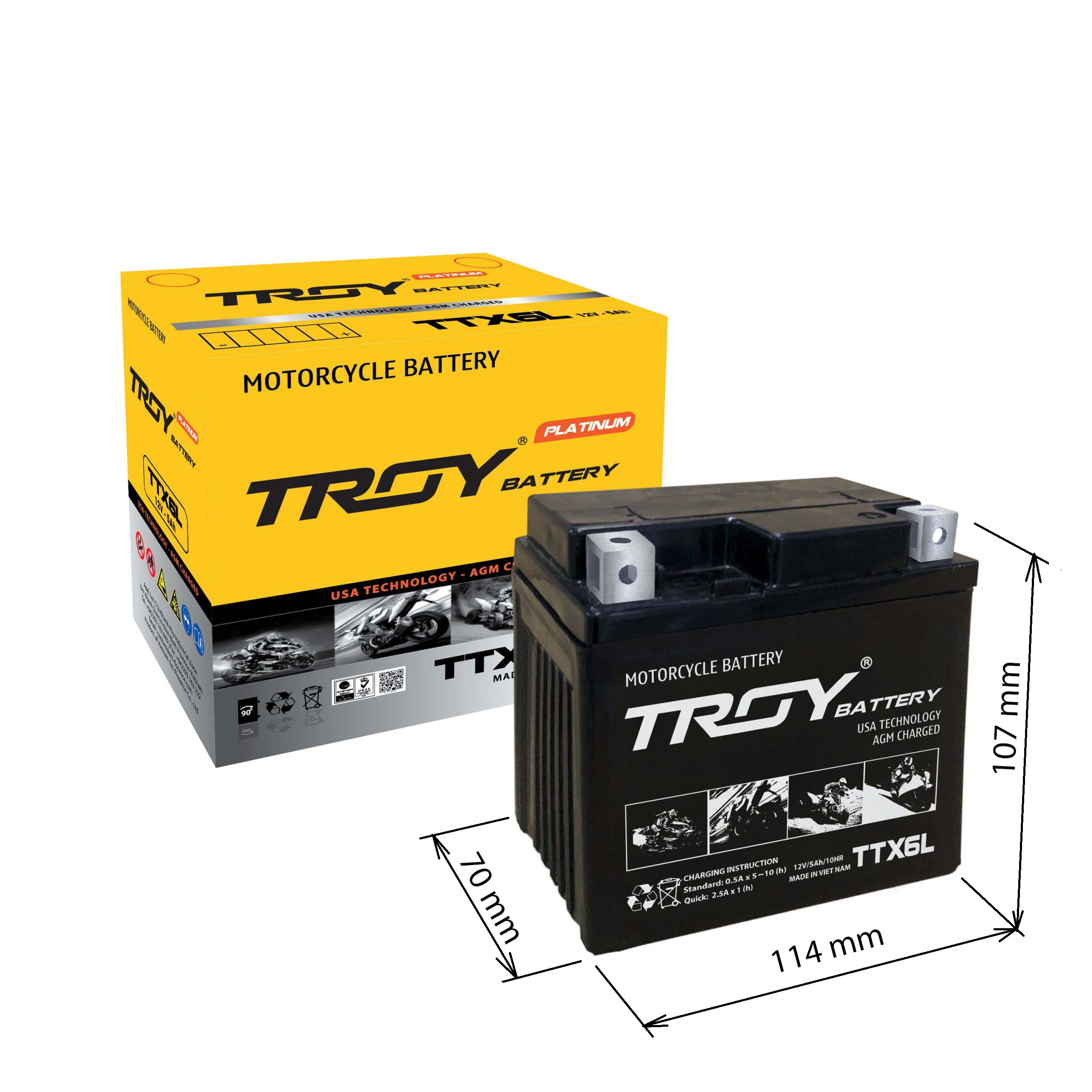 Ắc quy xe máy TROY BATTERY, TTX6L, 12V, 5Ah