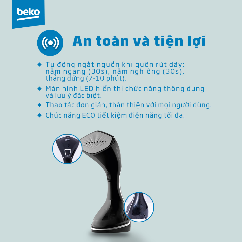 Bàn Ủi Hơi Nước Cầm Tay BEKO 1600W Mặt Đế Ceramic Chống Dính Có Màn Hình Led, Loại Bỏ Vi Khuẩn Trên Quần Áo - STM4116B - Hàng Chính Hãng