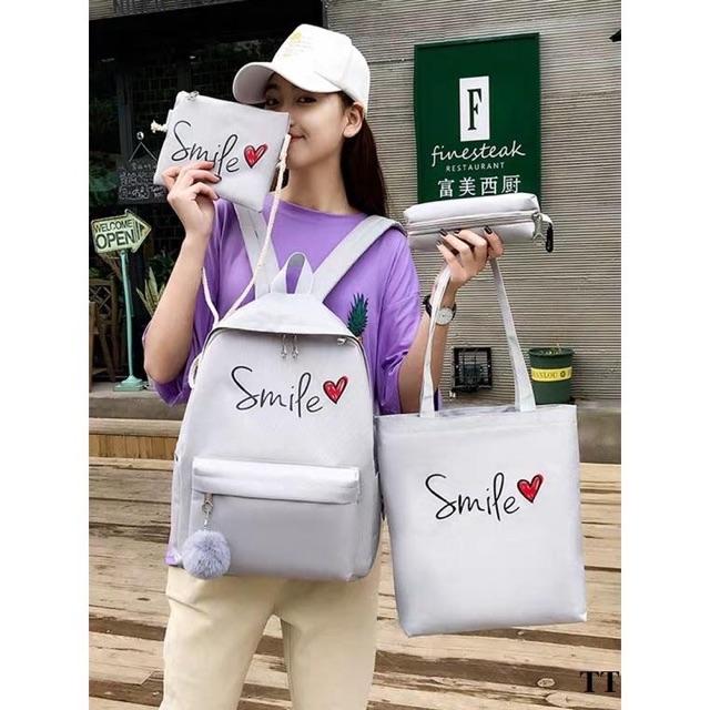 Balo thời trang, balo đi học, đựng laptop Balo Set 4 Món Smile balo nữ vải