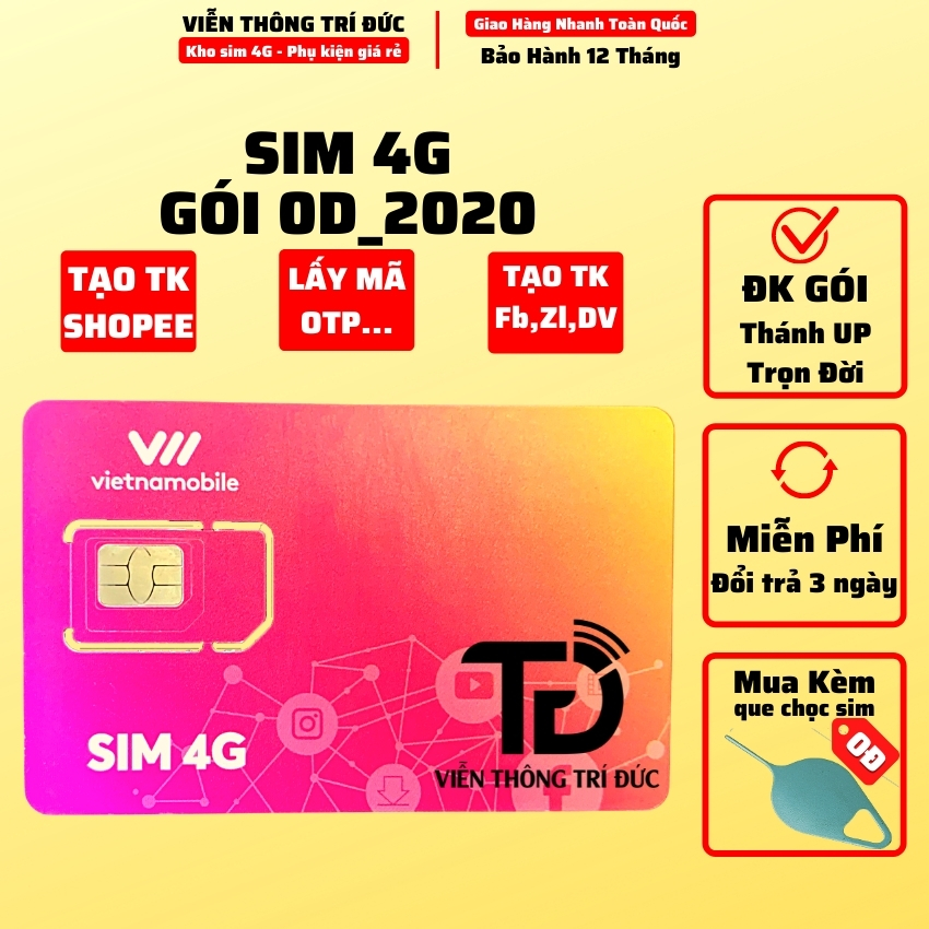 Hàng Chính Hãng - Sim 4G Vietnamobile Gói cước 0D_2020 Dùng lấy mã OTP - Tạo Các Loại Tài Khoản - Đăng Ký gói Thánh Up - Trọn Đời...