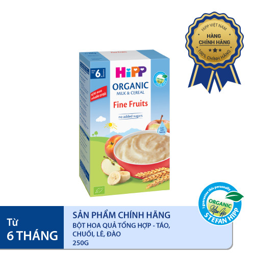 Bột ăn dặm dinh dưỡng Sữa, Hoa quả tổng hợp - Táo, Chuối, Lê, Mơ HiPP Organic 250g