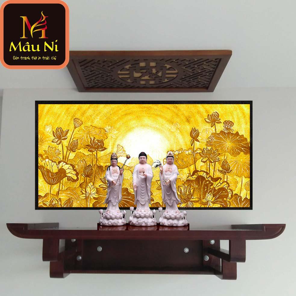 Tranh trúc chỉ in MÂU NI Sen vầng, KT 61cm x 81cm - (thích hợp bàn thờ rộng 89cm hoặc 107cm