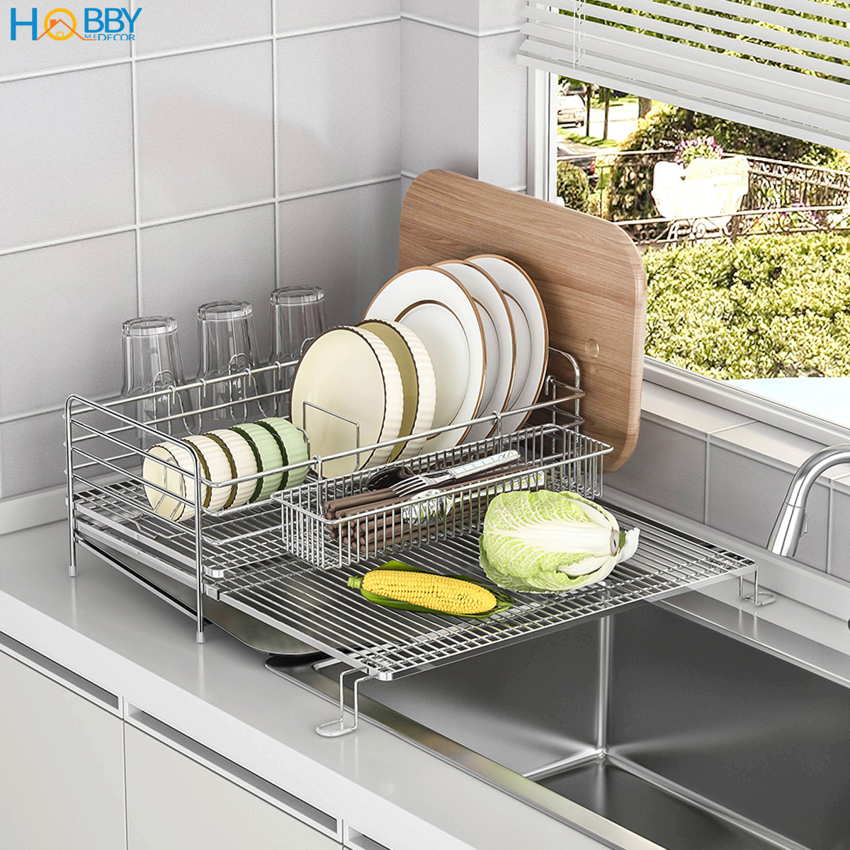 Kệ úp chén đa năng có khay thoát nước inox 304 Hobby home decor KC4