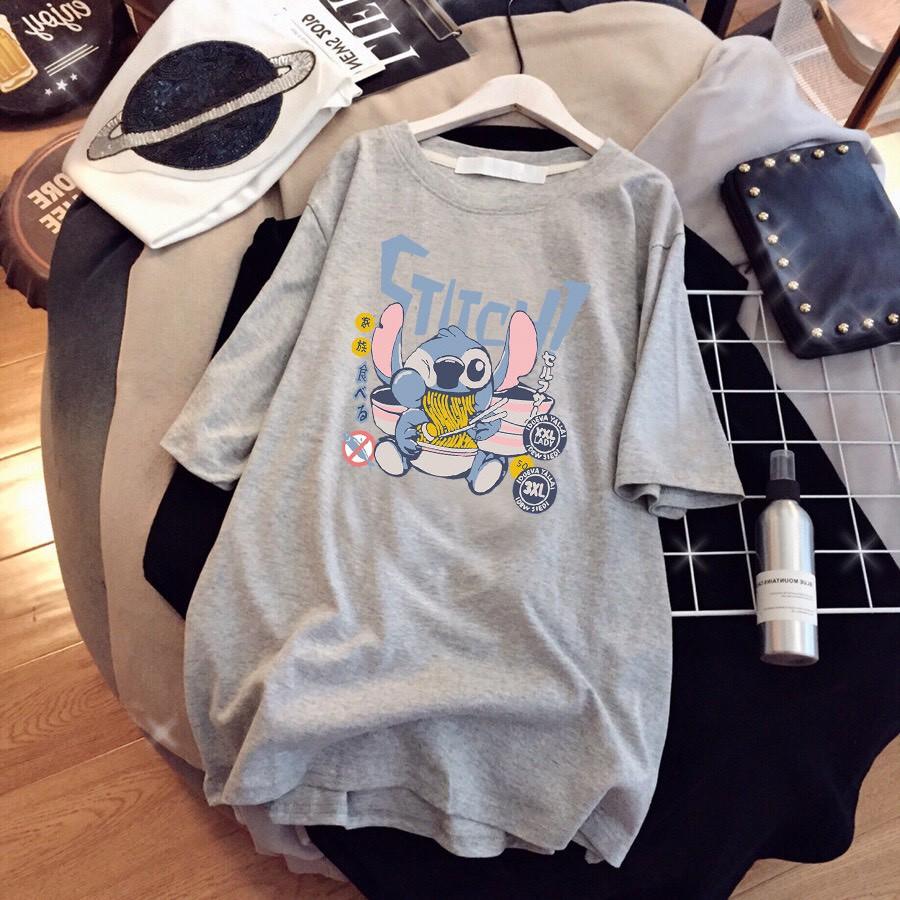 Áo Thun Nữ Unisex Màu Xám In Bé Khủng Long Ăn Mì ATN6290