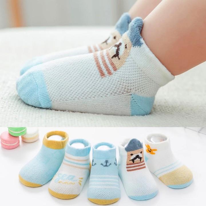 Set 5 đôi tất lưới cổ thấp cho bé 0-2 tuổi chất cotton chống trơn trượt hình thú lạ mắt phối màu xinh xắn – T013 - Xanh ,S