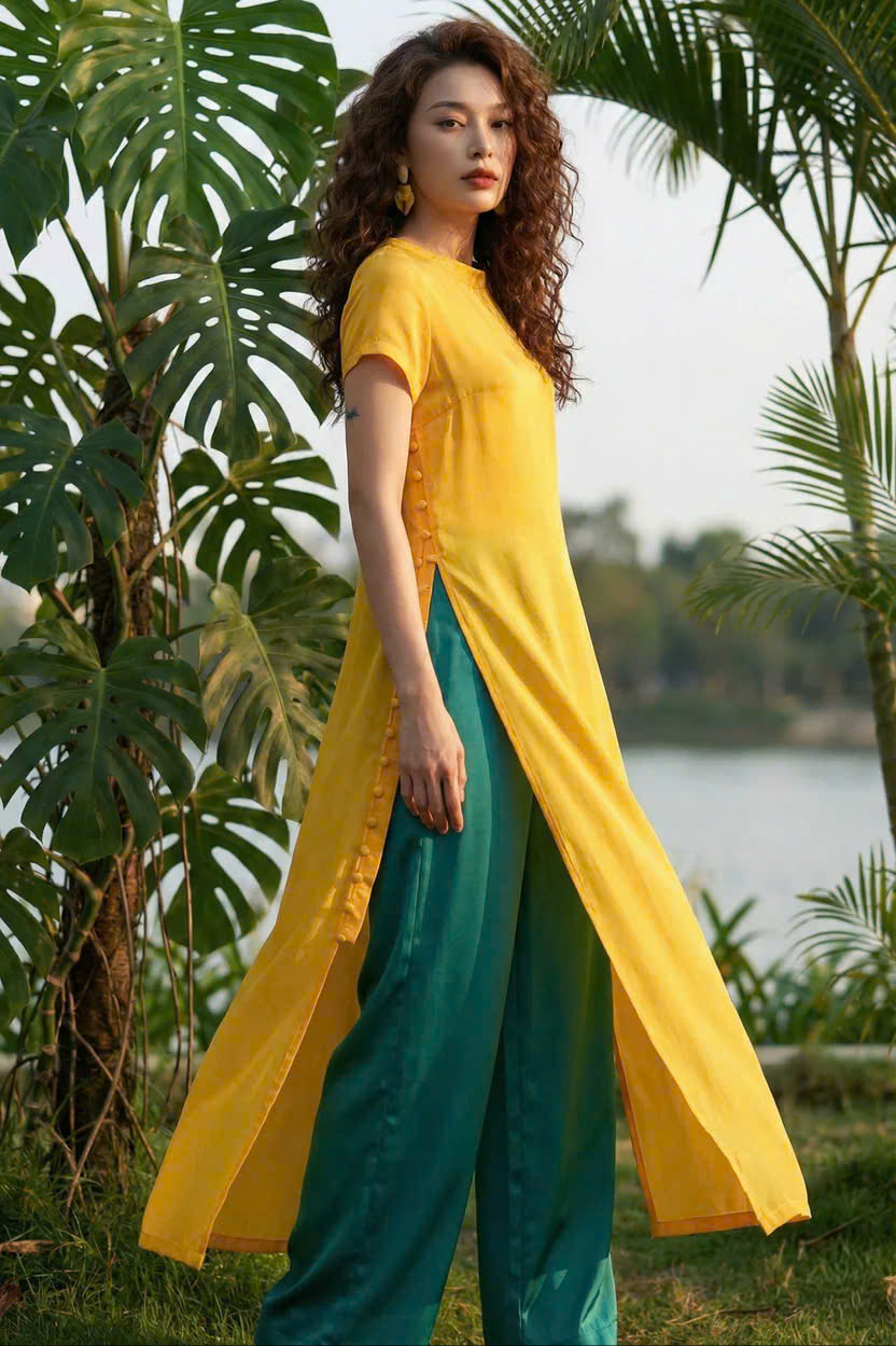 Áo Dài Cách Tân Kiêm Đầm Suông Lụa Vàng Dã Quỳ ADA015 thời trang thiết kế Hity