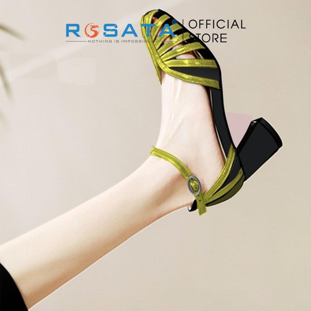 Giày sandal cao gót nữ ROSATA RO415 phối dây mũi nhọn quai hậu cài khóa cổ chân dây mảnh gót cao 7cm xuất xứ Việt Nam - Vàng