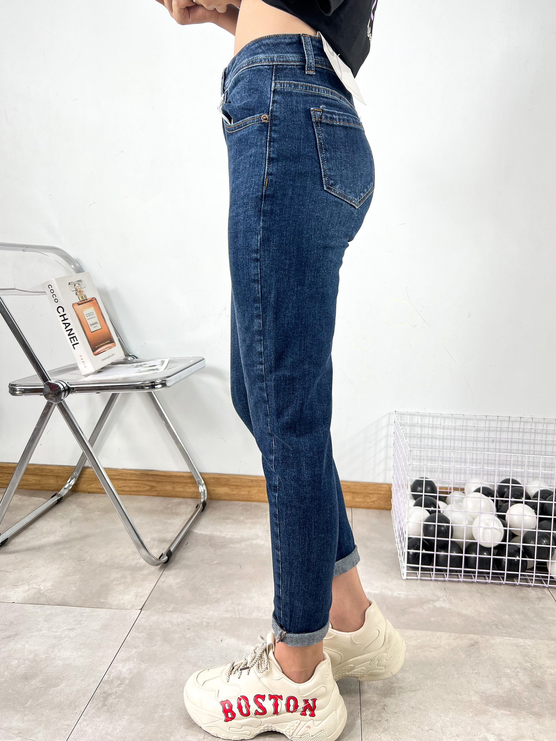 Quần jean nữ boyfriend baggy trơn dài co giãn HQJEANS