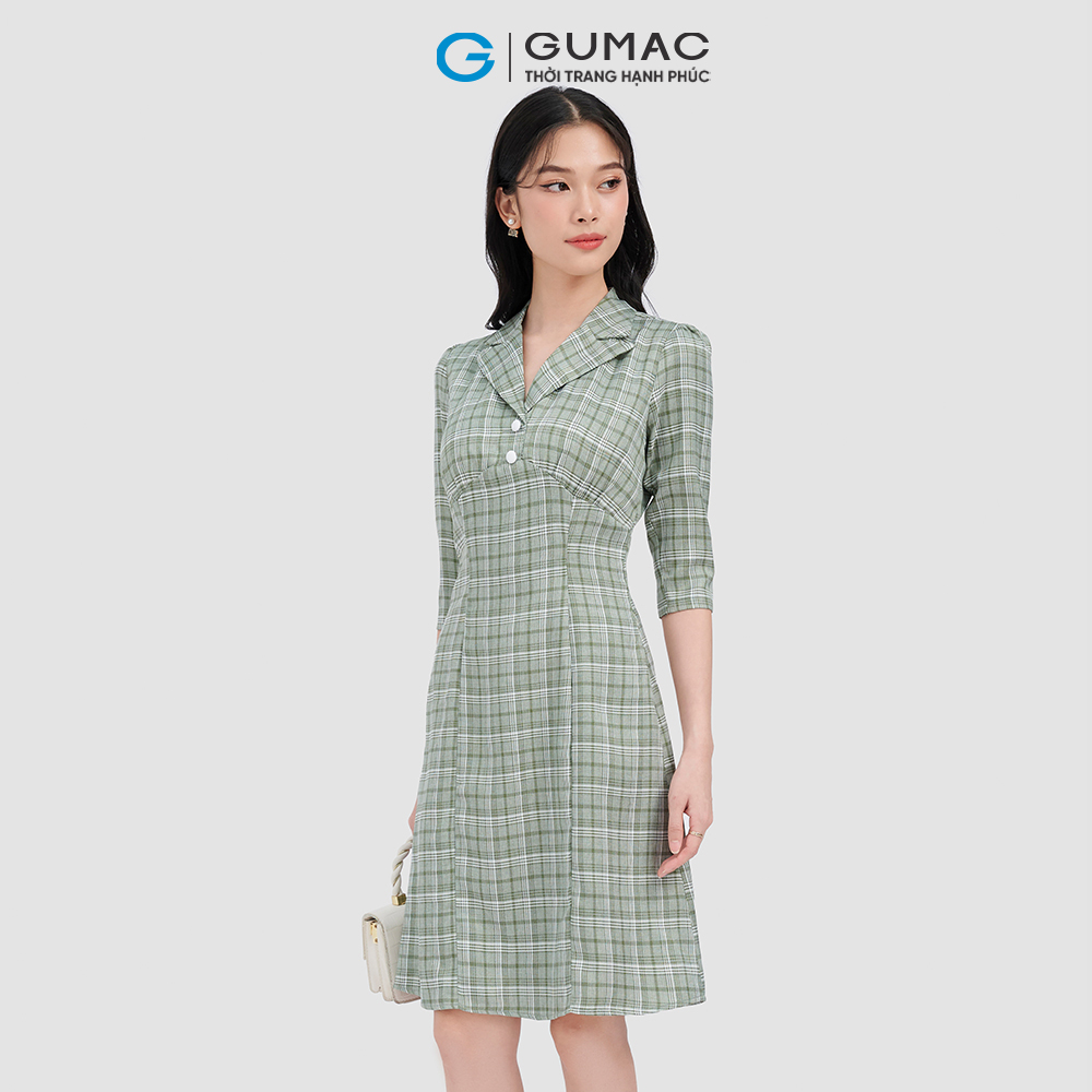 Đầm form A GUMAC DC10065 caro tay lỡ phong cách