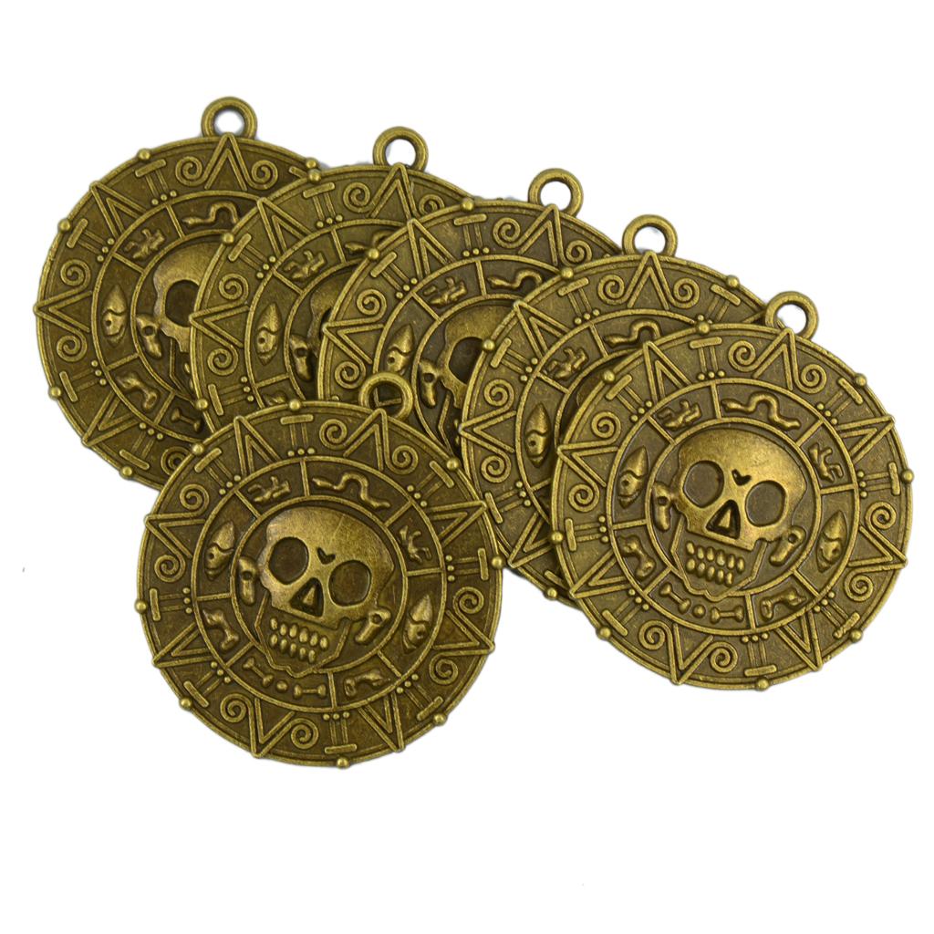 3x6x Punk Halloween Pirates Aztec Coin Medallion Skull Necklace Pendant Bronze
