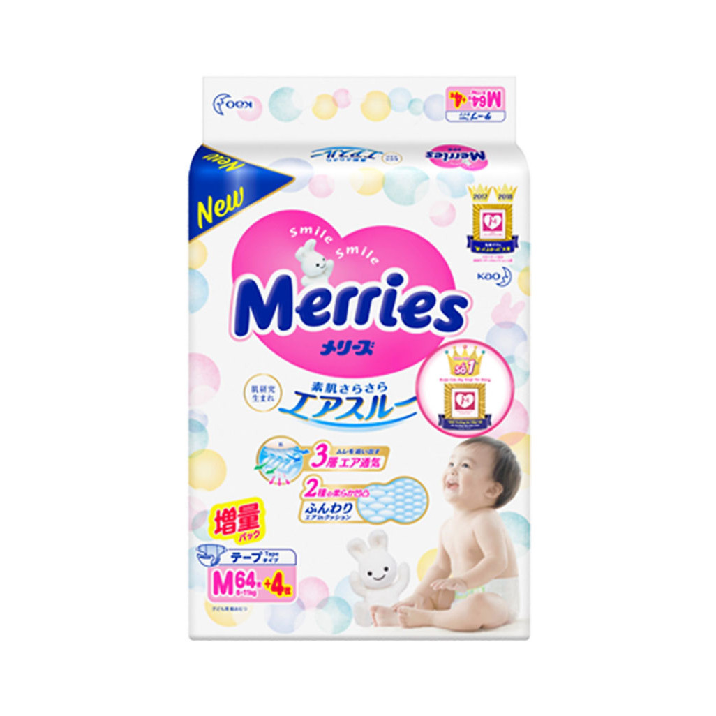 Bỉm - Tã dán Merries size M 68 nội địa thêm miếng (Cho bé 6 - 11kg)