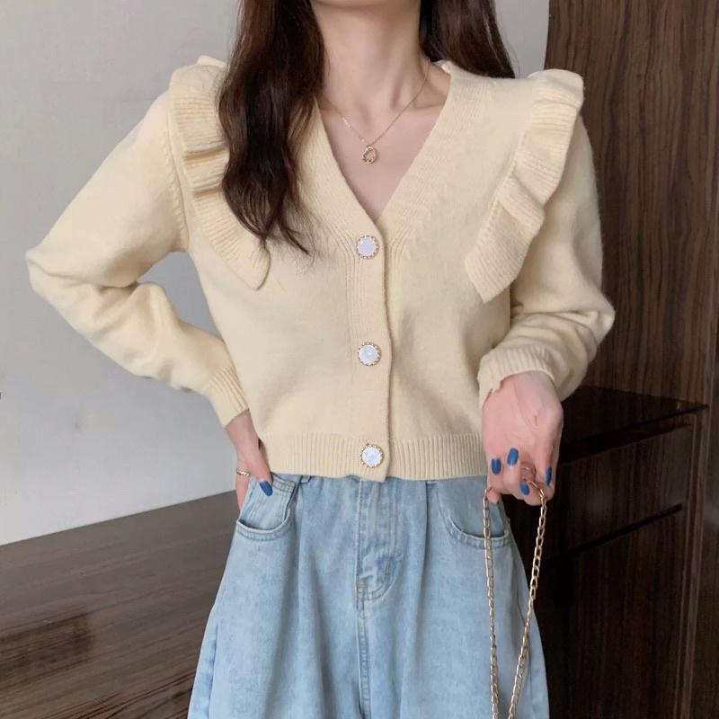 Áo len croptop dài tay cổ chữ V phong cách Hàn Quốc