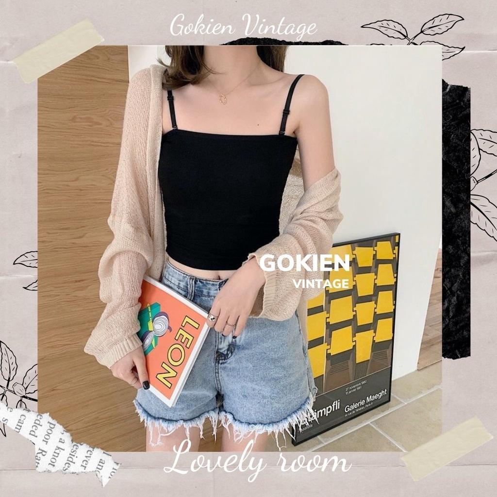 Áo hai dây ôm sát vải cotton mịn co giãn dây có chốt điều chỉnh, GOKIEN VINTAGE