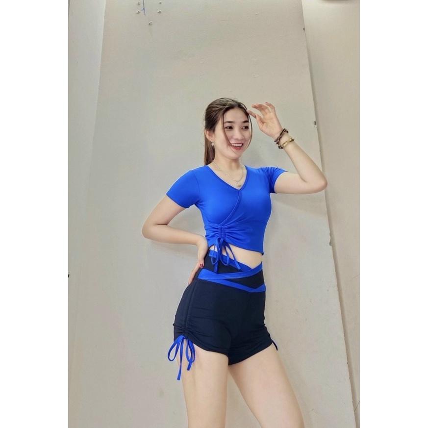 Bộ Đồ Tập Thể Thao Nữ Áo Croptop Rút Chéo Quần Đùi Short Nhiều Màu Thun Lạnh Cao Cấp