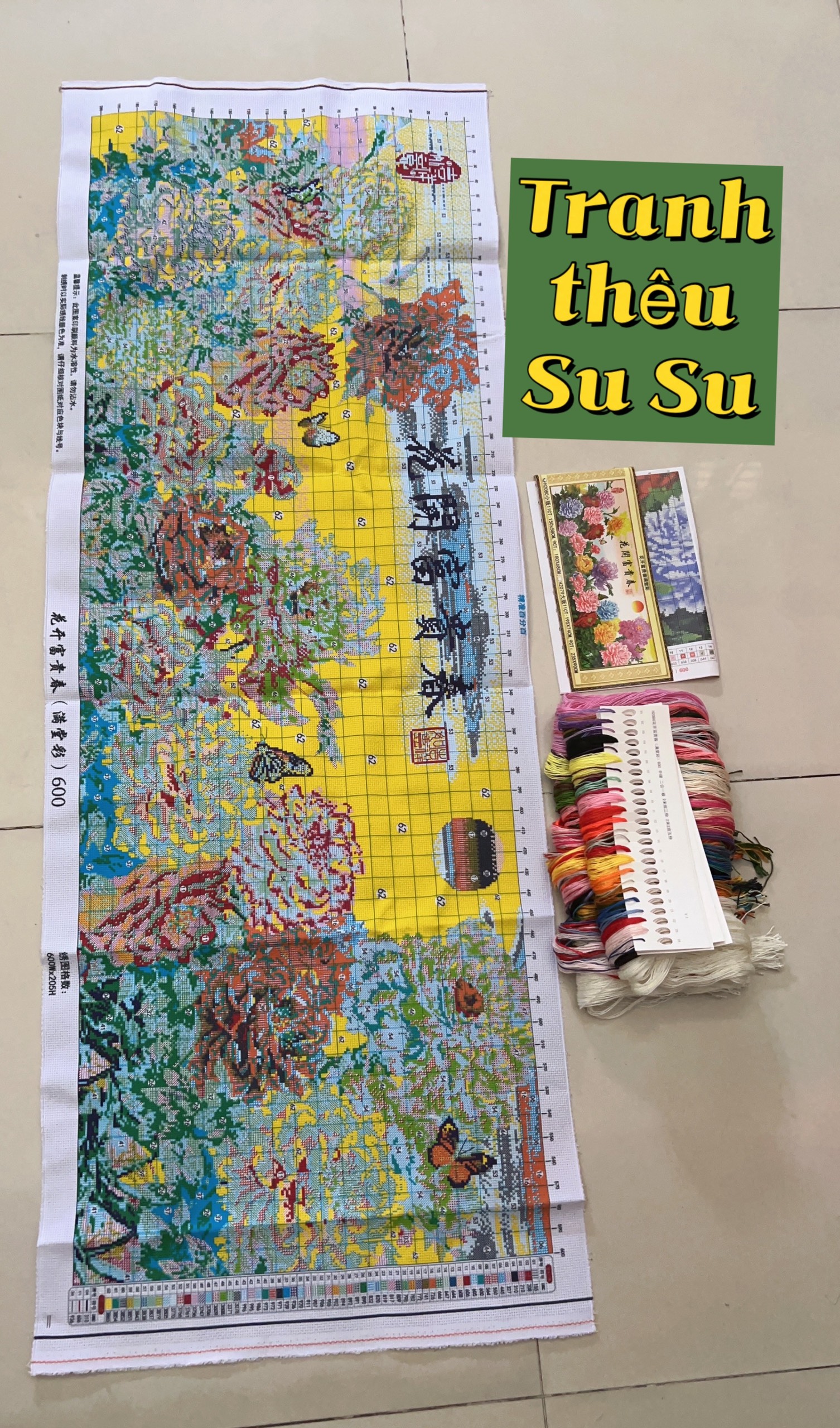 Tranh thêu kín chữ thập Hoa mẫu đơn mùa xuân HH2080, kích thước 150 x 58 cm