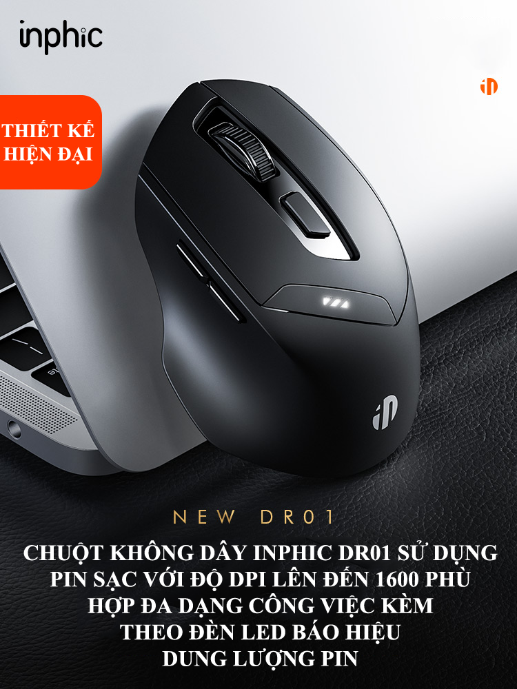 Chuột không dây INPHIC DR01 sử dụng pin sạc thiết kế hiện đại với độ DPI lên đến 1600 có đèn led báo hiệu dung lượng pin - Hàng Chính Hãng