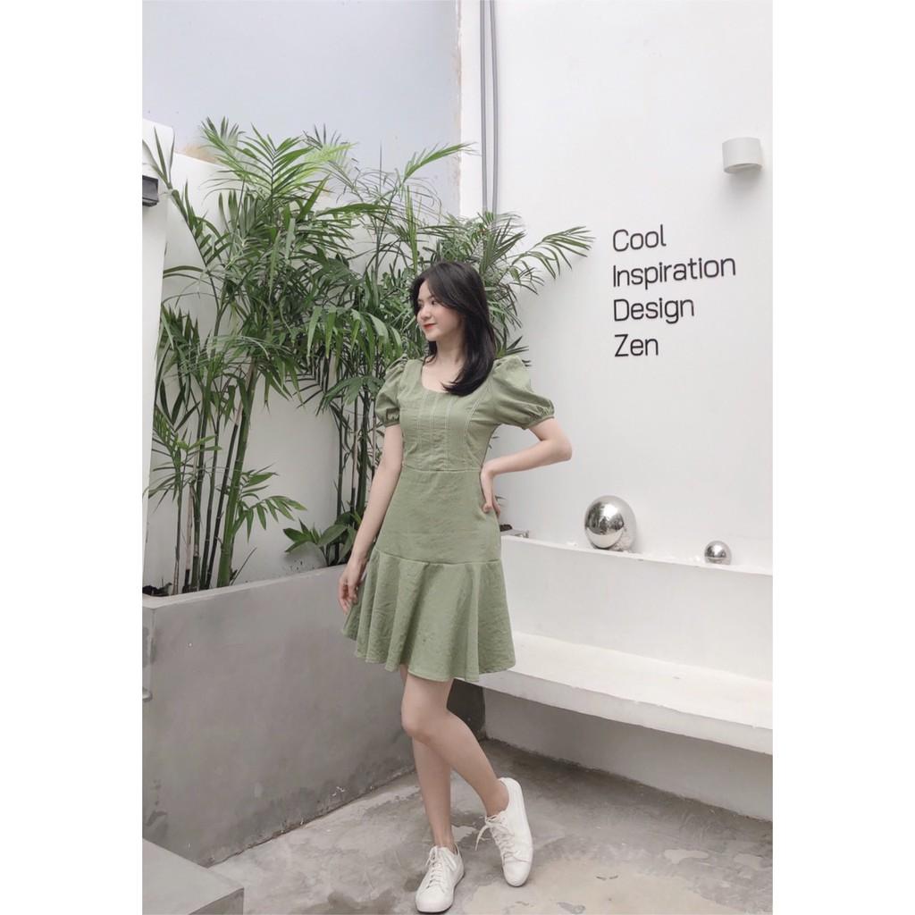 ĐẦM XANH RÊU MAY CHỈ NỔI LILEN 2 LỚP CỔ TRÒN TAY NGẮN PHỒNG PHỐI ĐUÔI CÁ XÒE-hình thật shop chụp