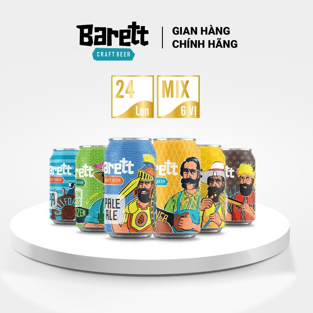 Combo 24 lon bia thủ công Barett Mix 6 vị (330ml)