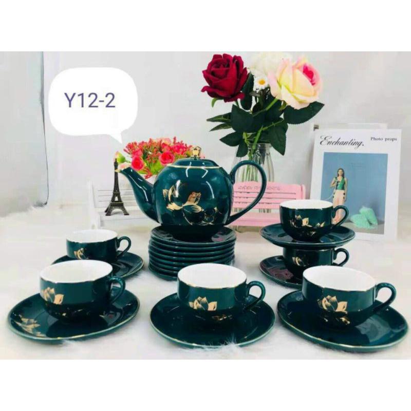 Bộ Ấm Chén Sứ,Bộ Tách Pha Trà Cà Phê Cao Cấp Màu Xanh Cổ Vịt Họa Tiết Hoa Sen Sang Trọng
