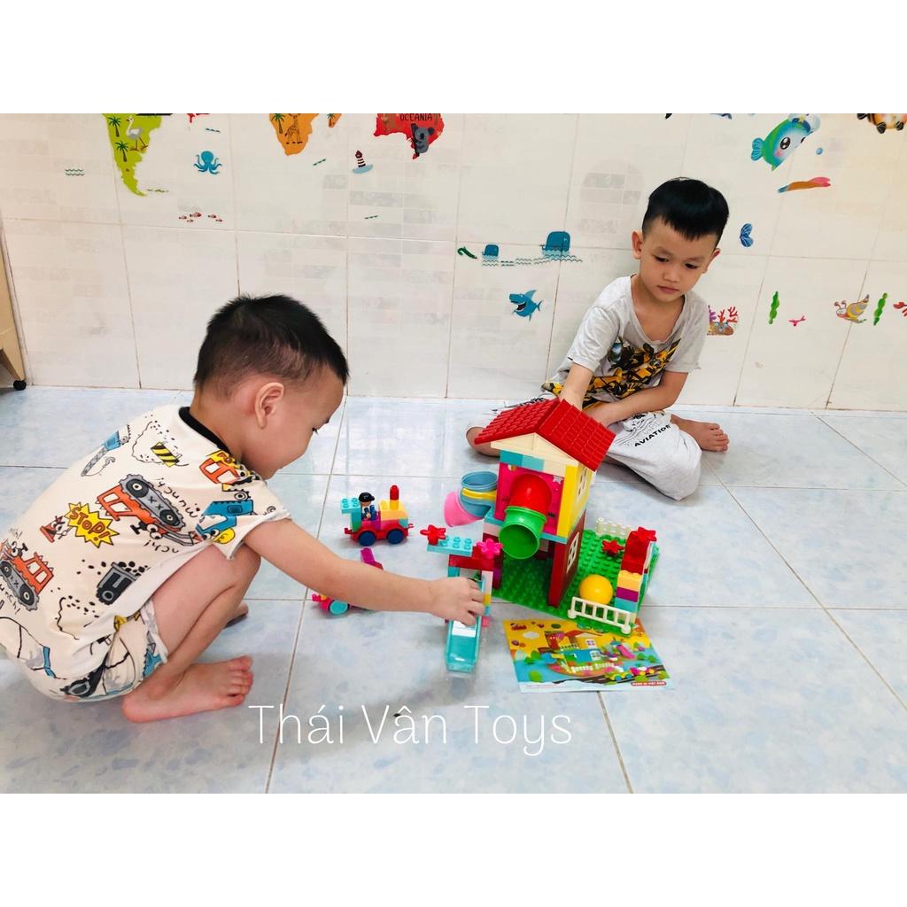 Lego size lớn lắp ráp Ngôi Nhà Vui Vẻ có cầu trượt và xe ô tô xinh xắn - Đồ chơi nhựa ABS Việt Nam