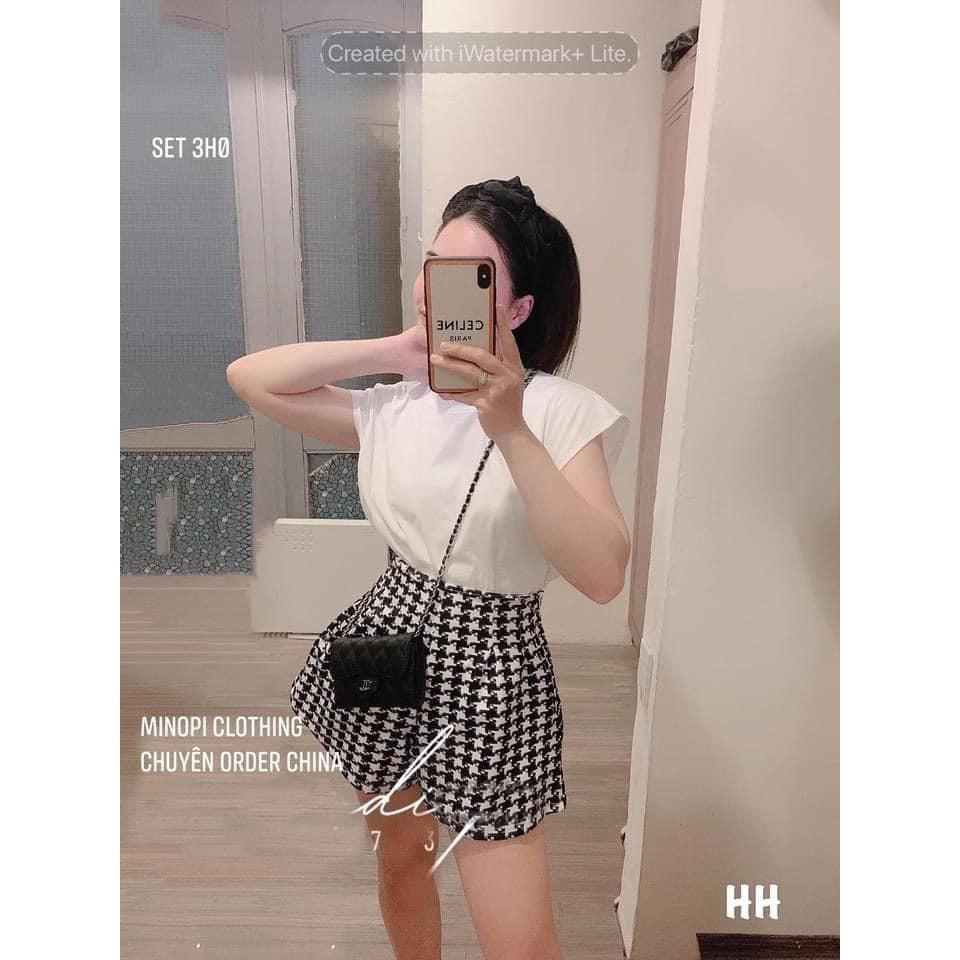 Set áo trắng cộc tay + chân váy ziczic hot hit