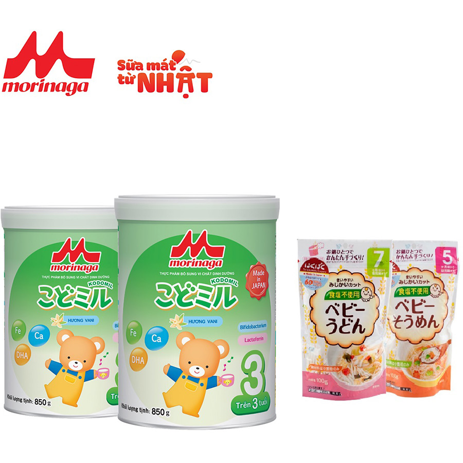 Combo 2 lon sữa Morinaga số 3 Kodomil Hương Vani 850gr + 2 gói mì ăn dặm Hakubaku