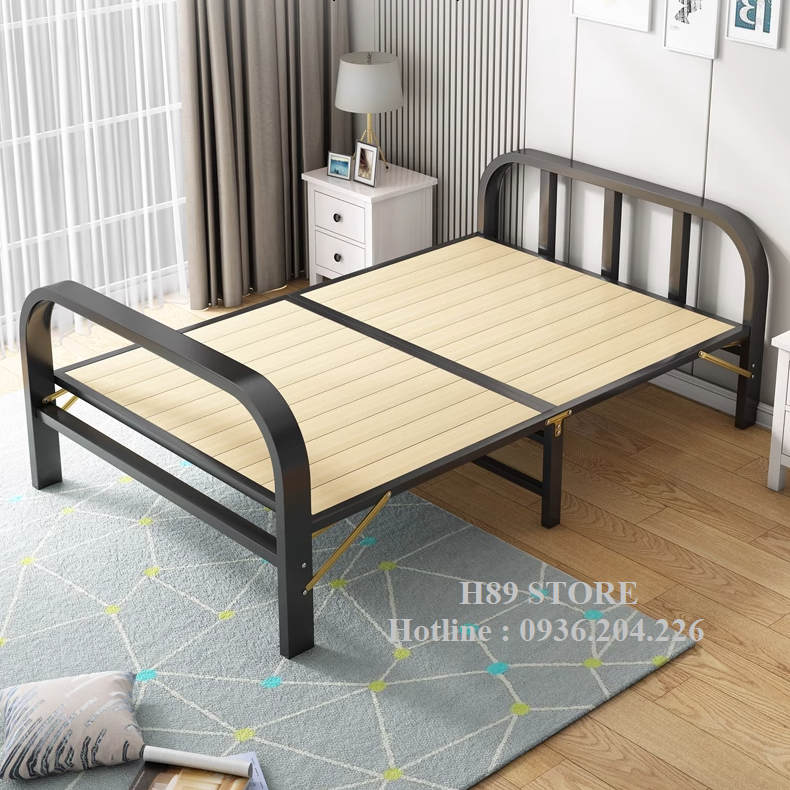 Giường gỗ thông khung sắt gấp gọn, giường ngủ xếp gọn kích thước 70cm x 2m