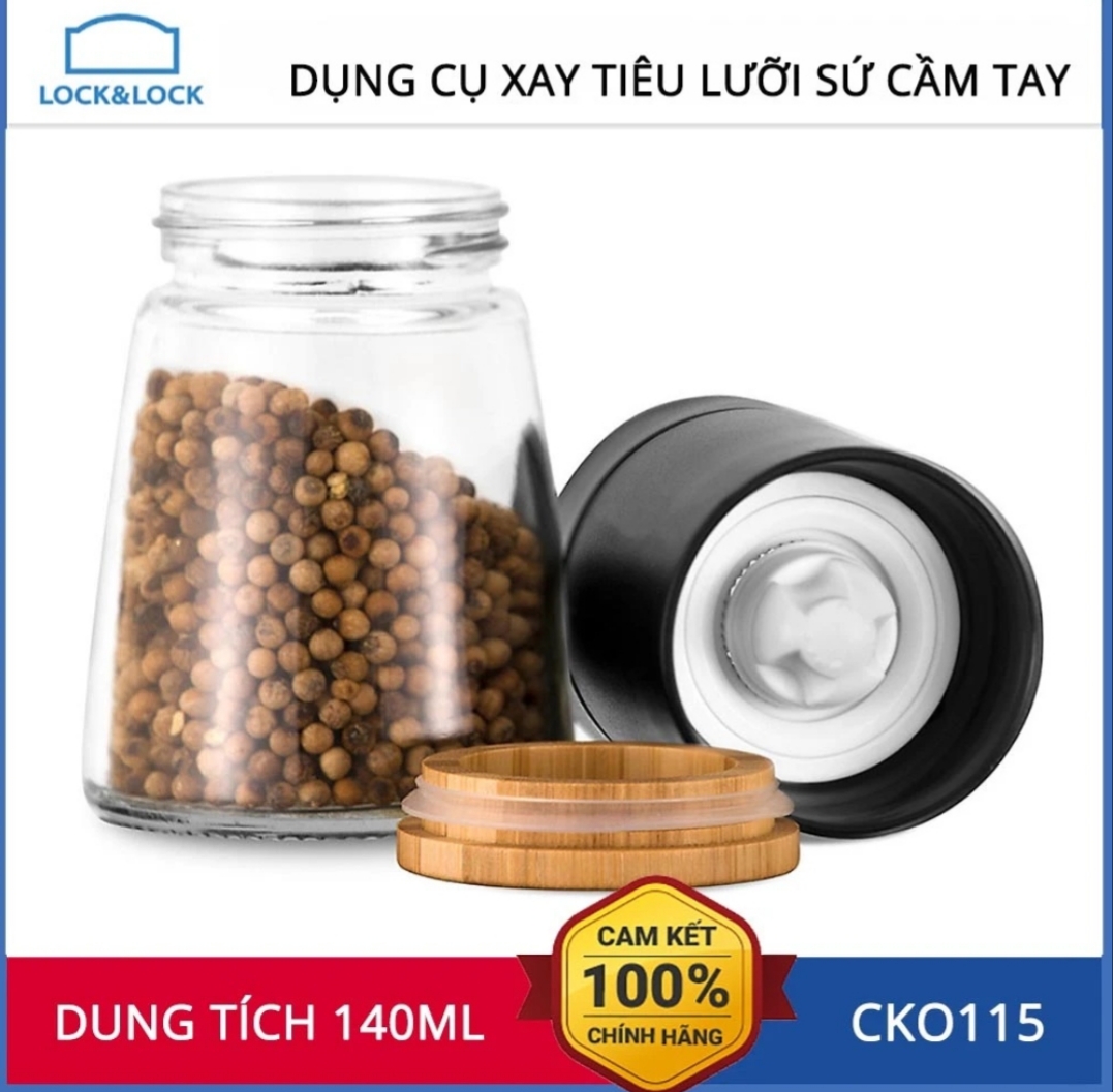 Cối xay tiêu thủy tinh Lock&Lock 140ml lưỡi sứ nắp gỗ sồi tiện dụng CKO115
