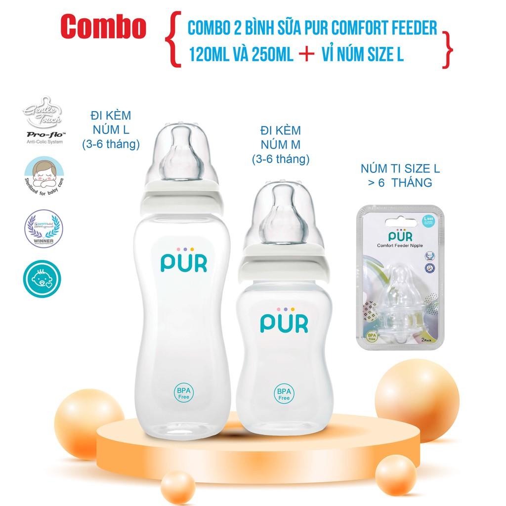 Combo 2 bình sữa Pur Comfort Feeder 120ml và 250ml + Vỉ núm size L