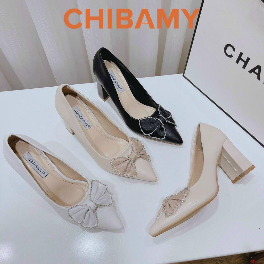 Giày cao gót nữ đính nơ 7cm CHIBAMY, giày nữ công sở mũi nhọn chất da mềm mã CG02