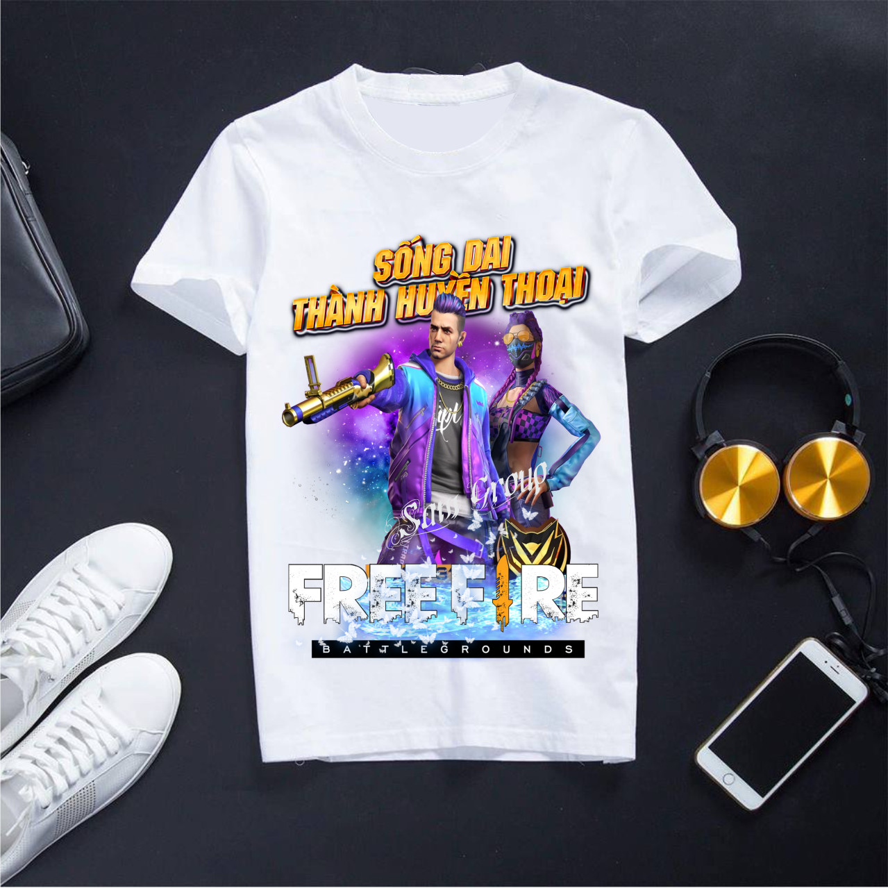 Áo Free Fire Cổ Tròn Màu Trắng Hình In Sắc Nét Kelly + Migue Cực Đẹp