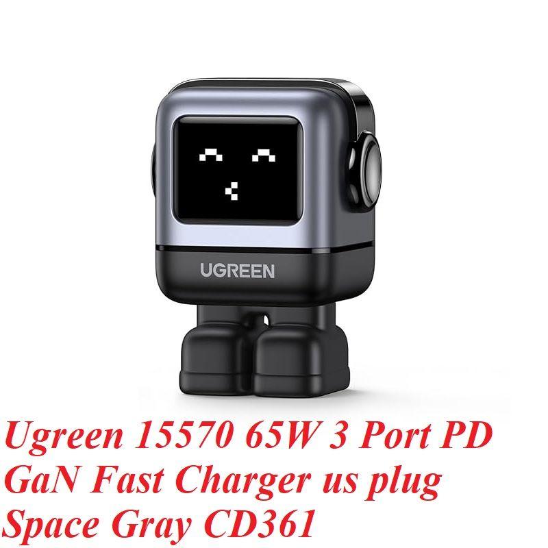 Ugreen 15570 65W 2c1a RG robotGaN with LCD bộ sạc Nexode robot chuẩn PD GaN 3 cổng chân cắm dẹp US RoboGaN màu xám đen 2 cổng usb type c và 1A Ugreen CD361 - Hàng Chính Hãng